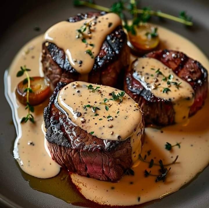 Seared Filet Mignon with Shallot Peppercorn Cream Sauce 😋 😍