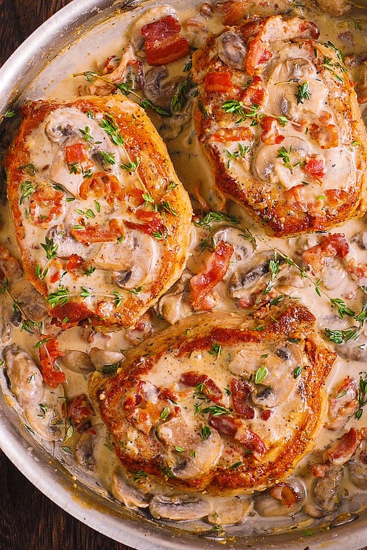 Bacon and Mushroom Smothered Pork Chops