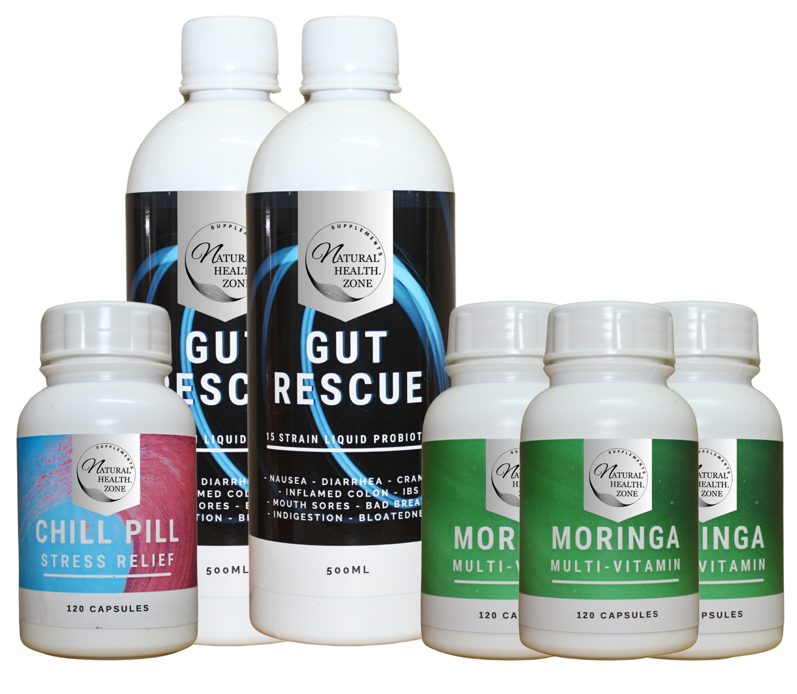 Monthly:  2 Gut Rescue, 3 moringa and 1 Chill Pill