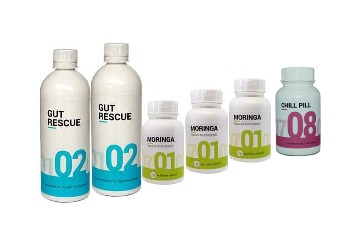 Monthly:  2 Gut Rescue, 3 moringa and 1 Chill Pill