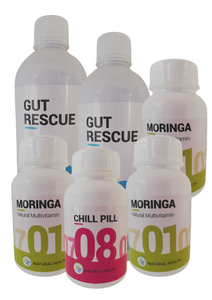 Monthpack:  2 Gut Rescue, 3 moringa and 1 Chill Pill